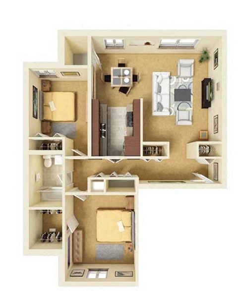 A 3D floor plan of a small apartment with a kitchen, living room, and two bedrooms.